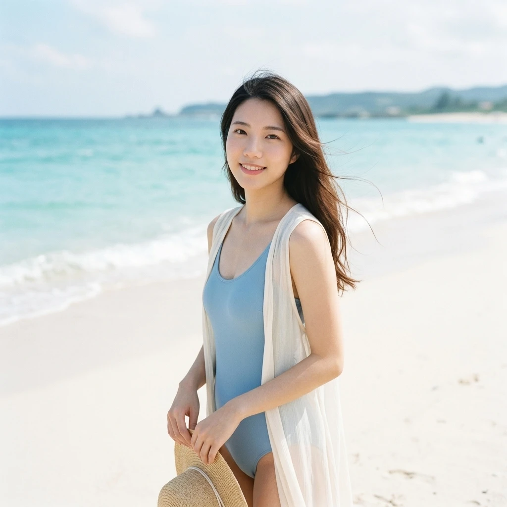 林小希在夏日海邊迎著海風的寫真照片