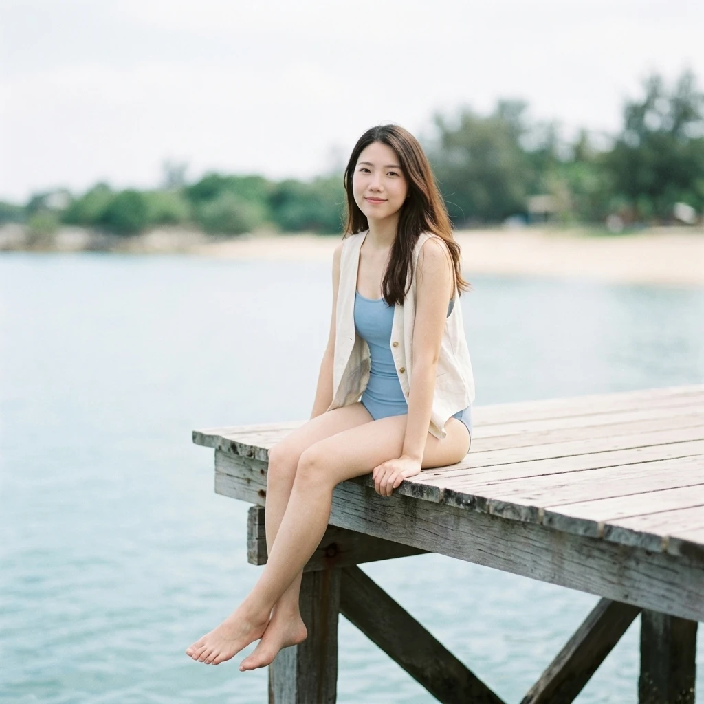 林小希坐在舊棧橋旁聽海的寫真照片