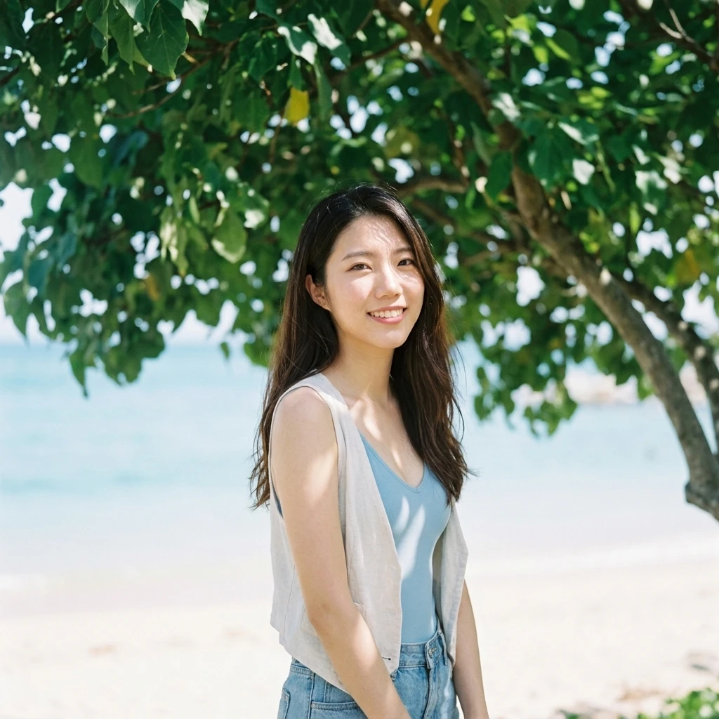 林小希在樹蔭下仰望晴空的寫真照片